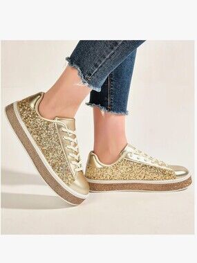 Uubaris Sparkling Glitter Rose Gold Lace Up Fashion Sneakers Size 7.5